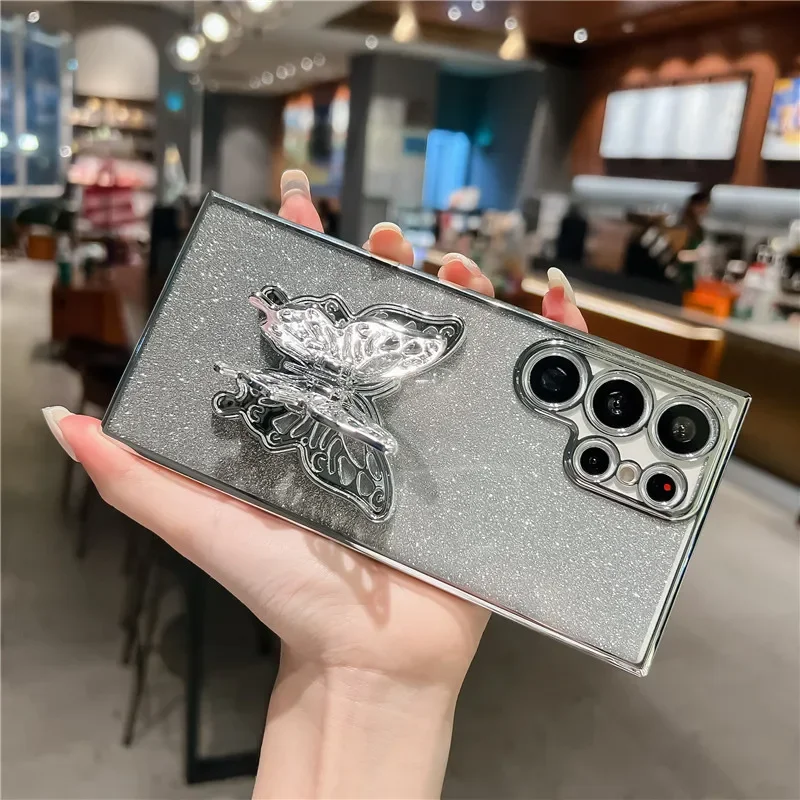 Soporte de teléfono de mariposa de lujo, funda chapada con purpurina para Samsung S24 Plus S23 FE S22 Note 20 Ultra S21 S20 S10 S9 Plus, cubierta trasera - imagen 5