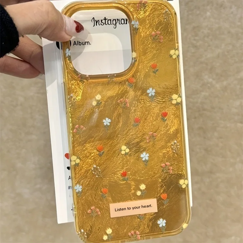 Perforado Swirl IND amarillo pantalla completa tulipán Floral transparente para iPhone 16 15 14 Pro Max 13 12 11 XS XR X 7 8 Plus cubierta suave