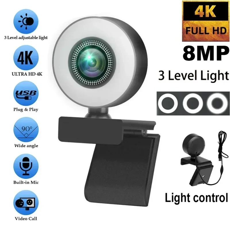 Cámara web 4K 2K 1080P, Control de luz, Full HD, 8MP, PC, portátil, Enfoque automático, transmisión en vivo, Flexible con micrófono, transmisión en vivo - imagen 2