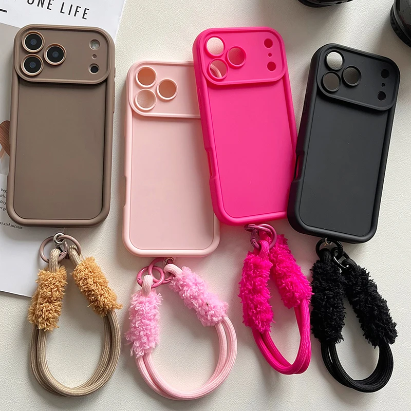 Funda de teléfono de lujo de Color caramelo para Xiaomi Redmi Note 14 13 12 Pro Plus 5G 13 12S Redmi 12 14C funda de correa colgante de muñeca de felpa suave - imagen 2