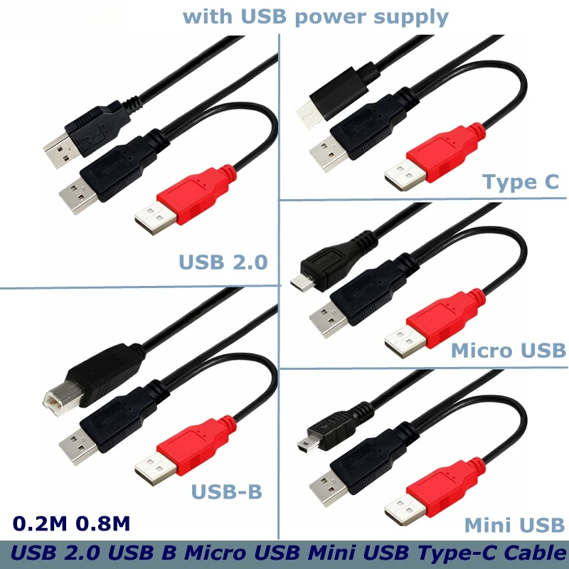 Cable de datos tipo Y para impresora de disco duro móvil, USB-B de doble cabezal USB 2,0 Micro Mini 5 pines tipo c, fuente de alimentación USB externa de 0,8 m