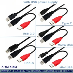 Cable de datos tipo Y para impresora de disco duro móvil, USB-B de doble cabezal USB 2,0 Micro Mini 5 pines tipo c, fuente de alimentación USB externa de 0,8 m