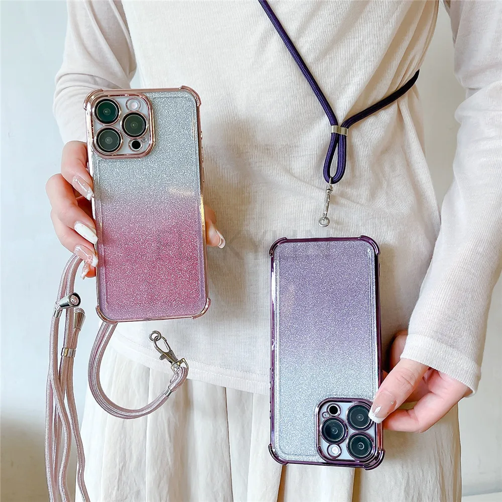 Funda de teléfono chapada con purpurina a prueba de golpes para OPPO, A16S, A53S, A54S, A17, A9, 2020, Reno 11 Pro, 11F, 12F, collar cruzado, funda con cordón - imagen 2