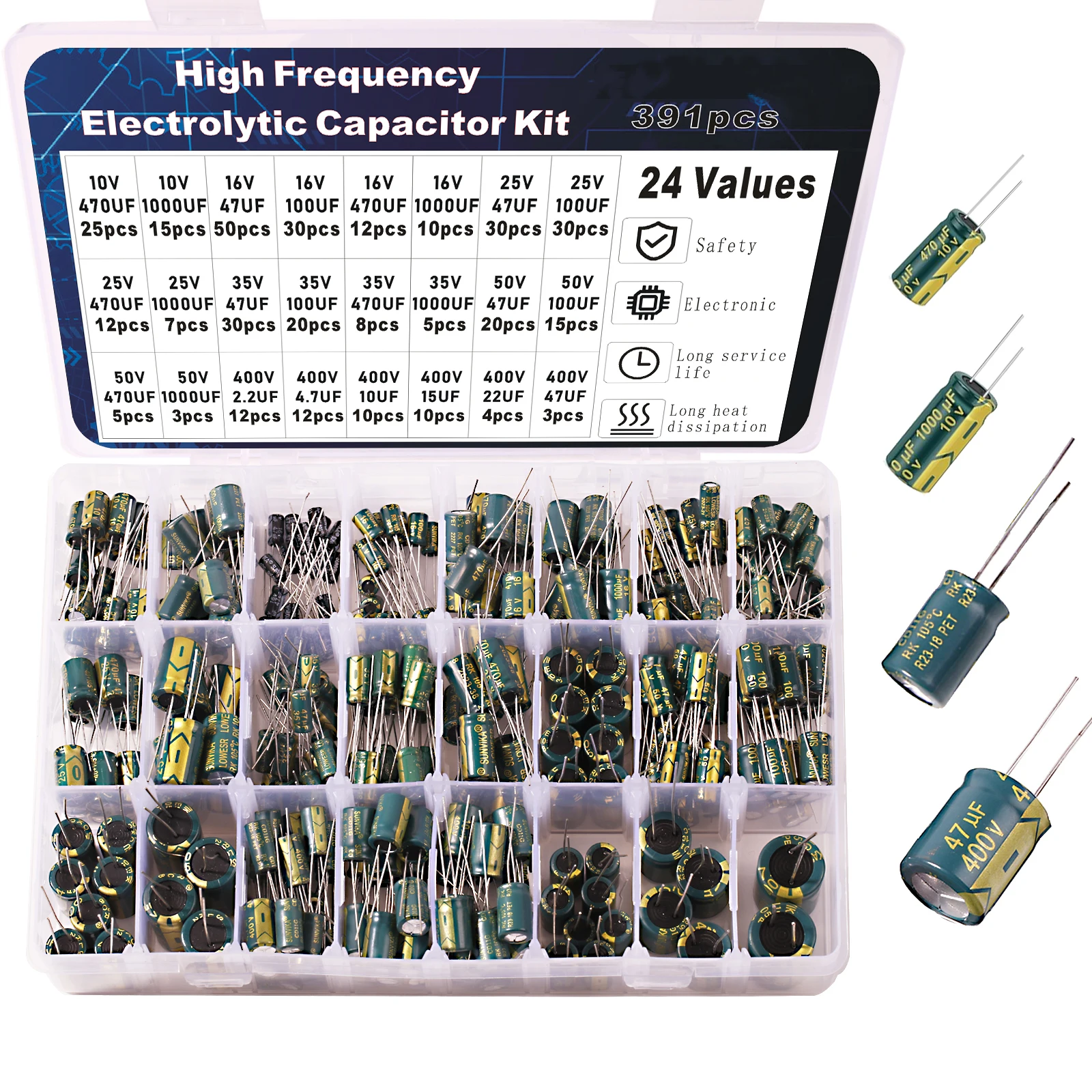 Kit de condensadores electrolíticos surtido de alta frecuencia 10v 16v 25v 35v 50v 400v 10uf 100uf 470uf 1000uf