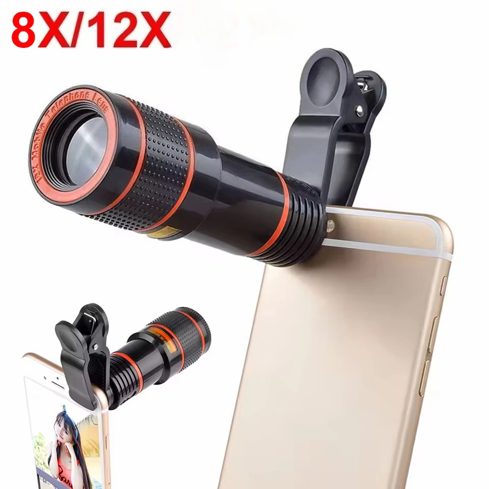 Cámara con Zoom óptico 12/8x, lente telescópica Universal externa con Clip, lente de cámara de teléfono gran angular para iPhone 15 Xiaomi14 Huwaei