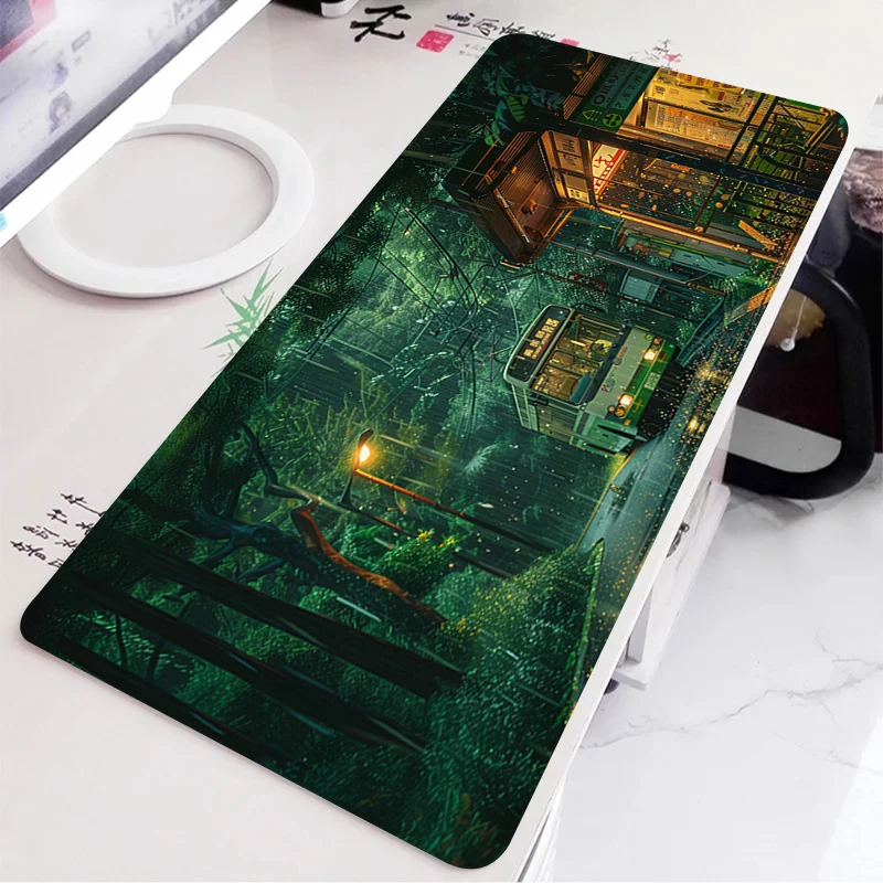 Alfombrilla de escritorio verde con paisaje de Anime Natural, alfombrilla para ratón portátil, accesorios para PC y oficinas, alfombrilla grande para ratón, alfombra de goma, almohadillas extendidas para teclado - imagen 2