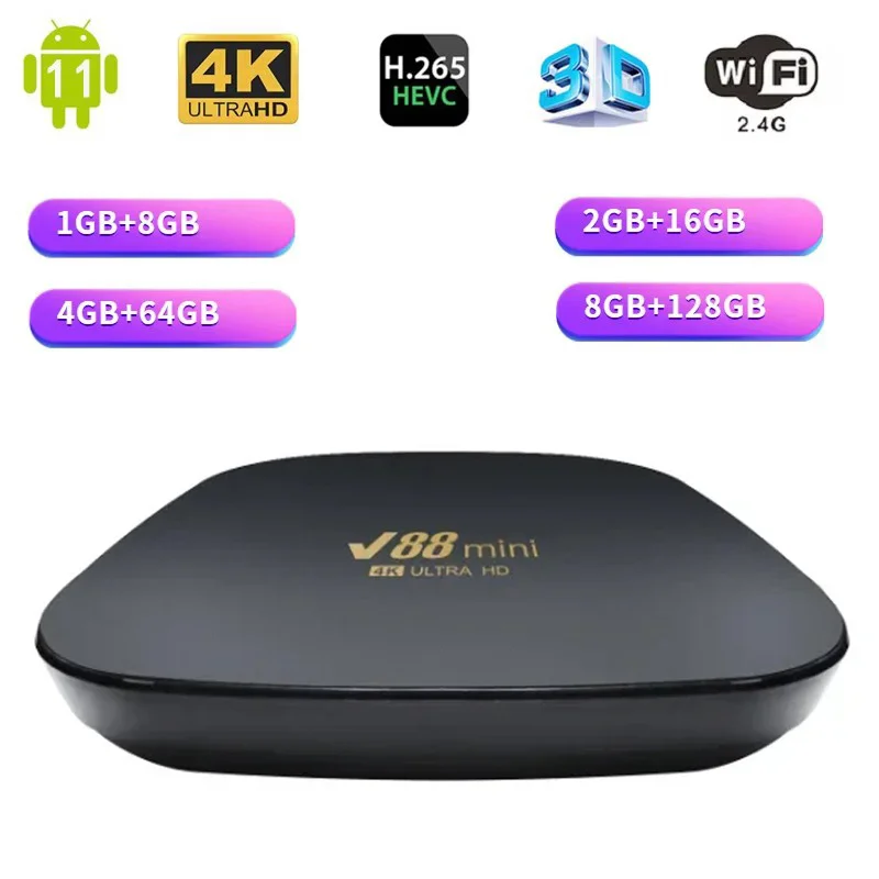 V88 mini TV Box Android 11 Reproductor de Medios WiFi 4G HD 4K 3D HDR10 H.265 Allwinner H3 Quad Core 8GB 128GB Set-top Box Inteligente iptv
