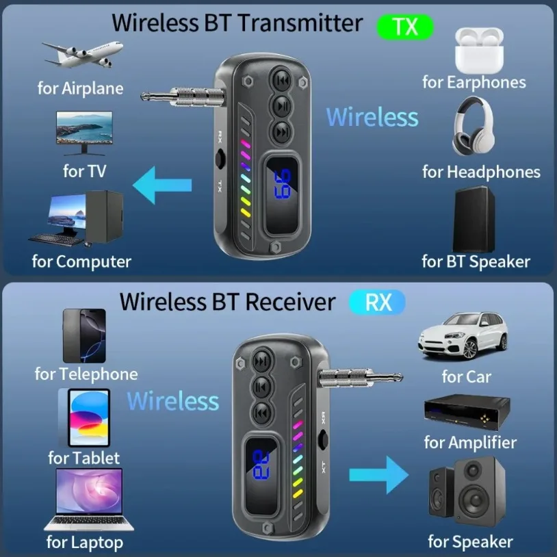 Transmisor receptor Bluetooth 5,3 2 en 1, adaptador de Audio inalámbrico, conector auxiliar de 3,5mm para música de coche, receptor de auriculares, manos libres - imagen 4