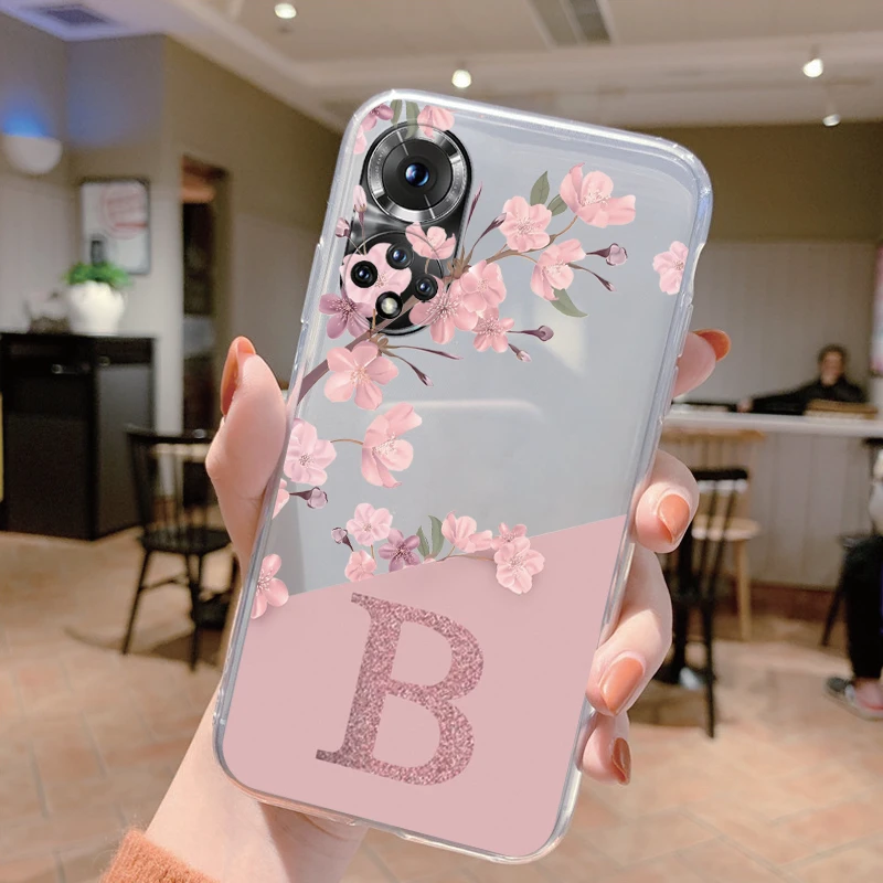Bonita funda con letras para Honor 50 90 400 Lite Pro Coque Huawei P20 P30 Pro P40 Lite Nova 6 SE, funda suave con alfabeto de flores transparente - imagen 3