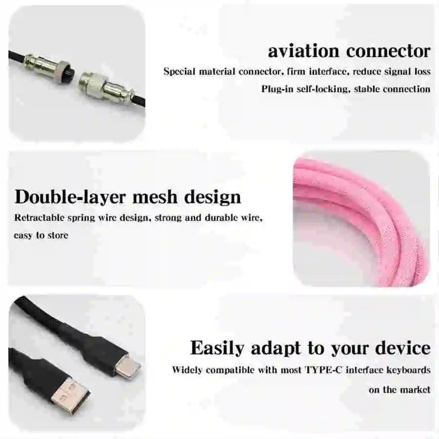 Cable de teclado en espiral, cable de teclado mecánico USB-C a USB-A de 1,5 m (4,9 pies), tipo de cable de doble manga de aviador de metal desmontable - imagen 5