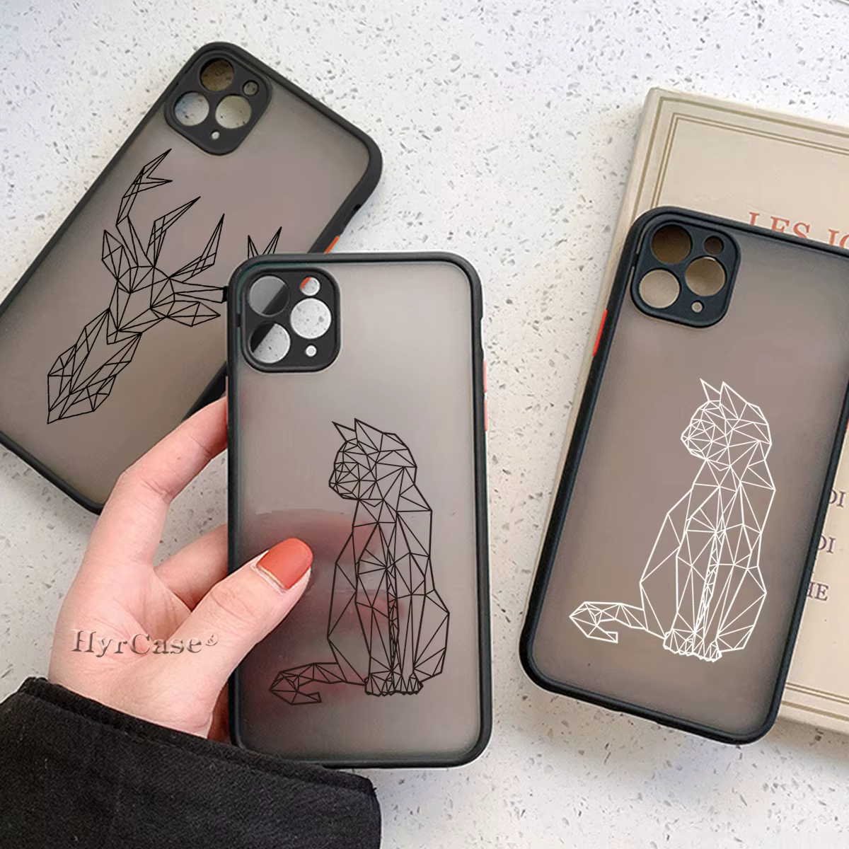 Funda trasera dura mate para iPhone 13, 12, 11, 14 Pro Max, Mini, 15 Plus, 15Pro Max, arte de línea, Gato lindo, ciervo, jirafa, parachoques suave