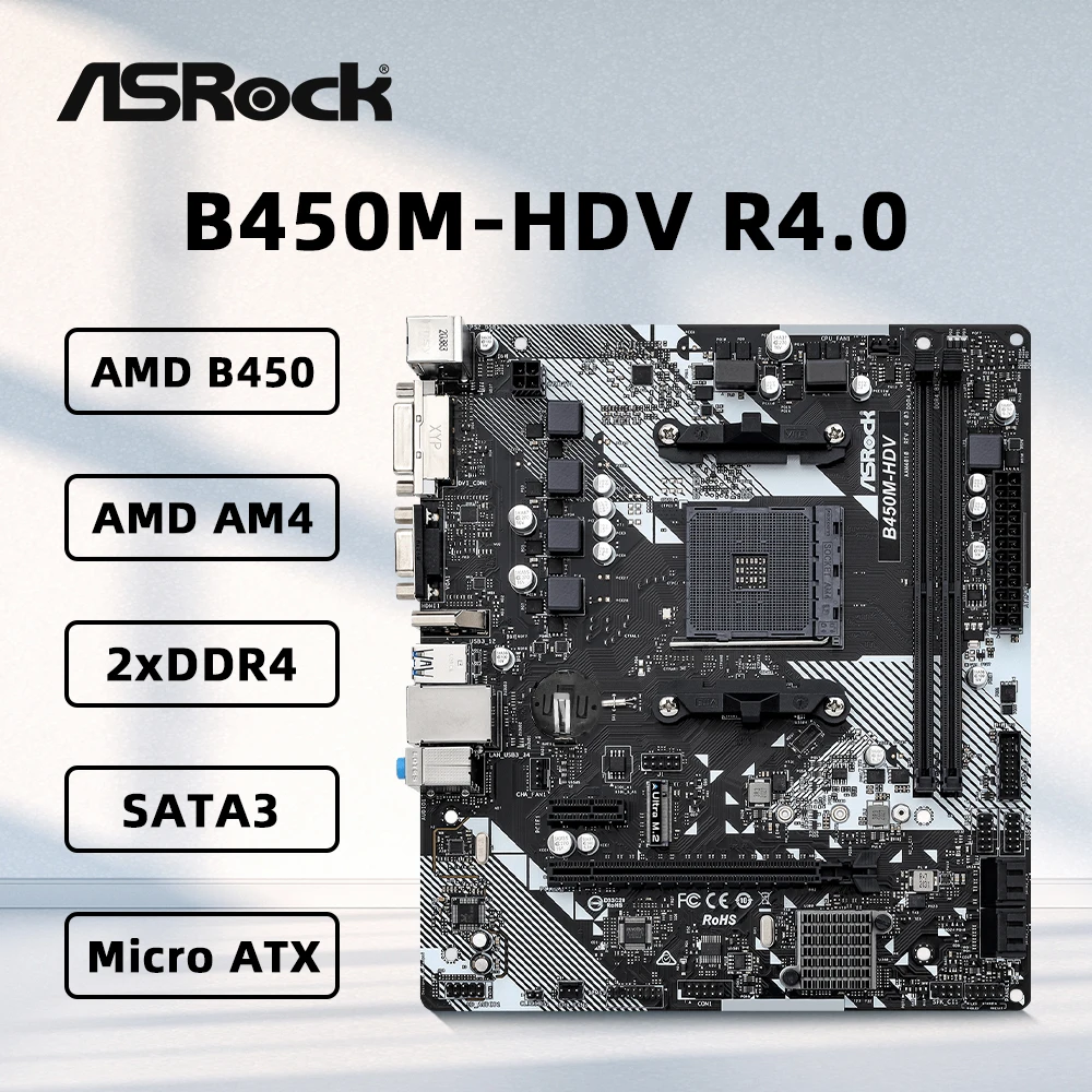 Placa base ASRock B450M-HDV R4.0 2xDDR4 memoria DIMM M.2 AM4 compatible con CPU Ryzen 5 5600 5600G R7 5700X3D 5800x3D