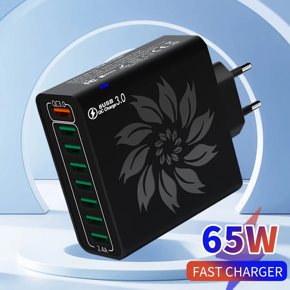 Cargador USB 8 en 1 de 65W, carga rápida, múltiples puertos, adaptador de pared con enchufe UE/EE. UU., adaptador de viaje USB 3,0 de carga rápida para múltiples dispositivos