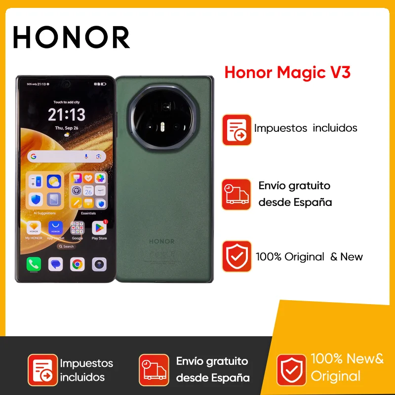 Honor Magic V3 5G Plegable |   Pantalla LTPO AMOLED de 7,92" de 120 Hz, Snapdragon 8 Gen 3, triple cámara de 50 MP, 5150 mAh, carga rápida de 66 W