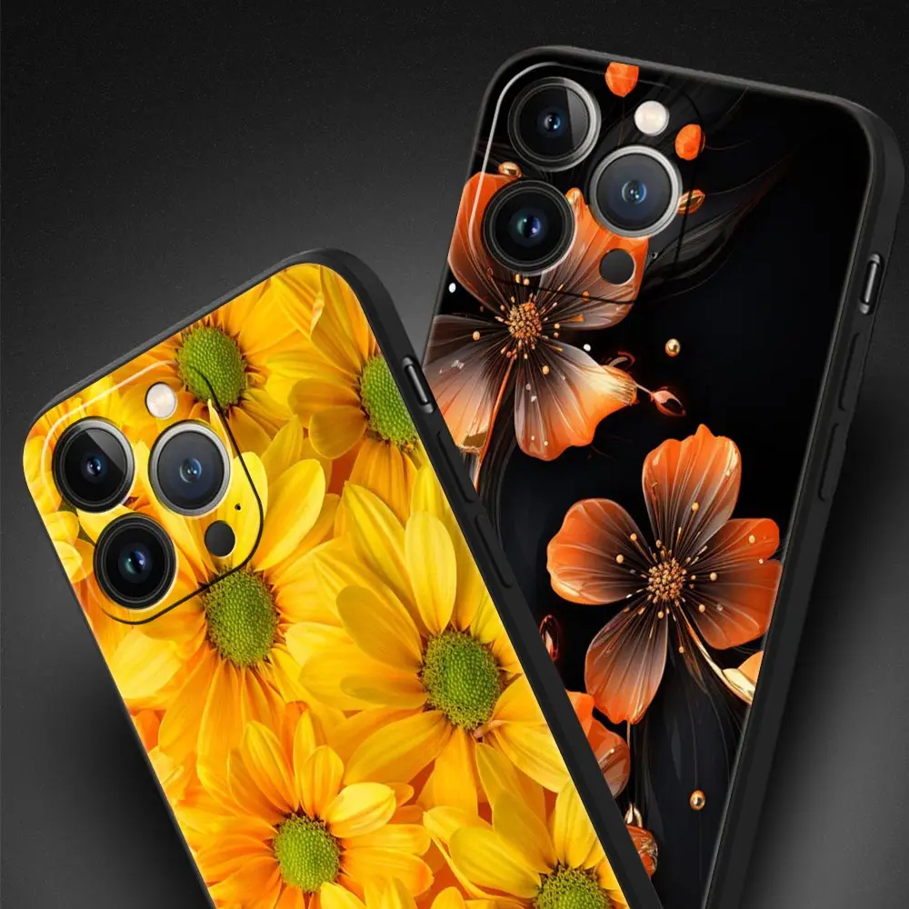 Funda de teléfono de lujo con hojas de flores de belleza para Apple iPhone 16 11 15 14 Pro MAX 12 13 7 8 Plus X XR XS SE, funda negra de silicona - imagen 3