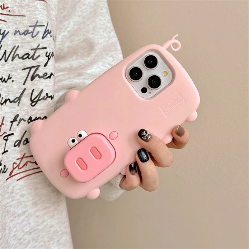 Divertido lindo cerdo rosa soporte plegable funda para iPhone 16 Pro Max 15 13 14 funda trasera de teléfono de dibujos animados de silicona suave - imagen 4