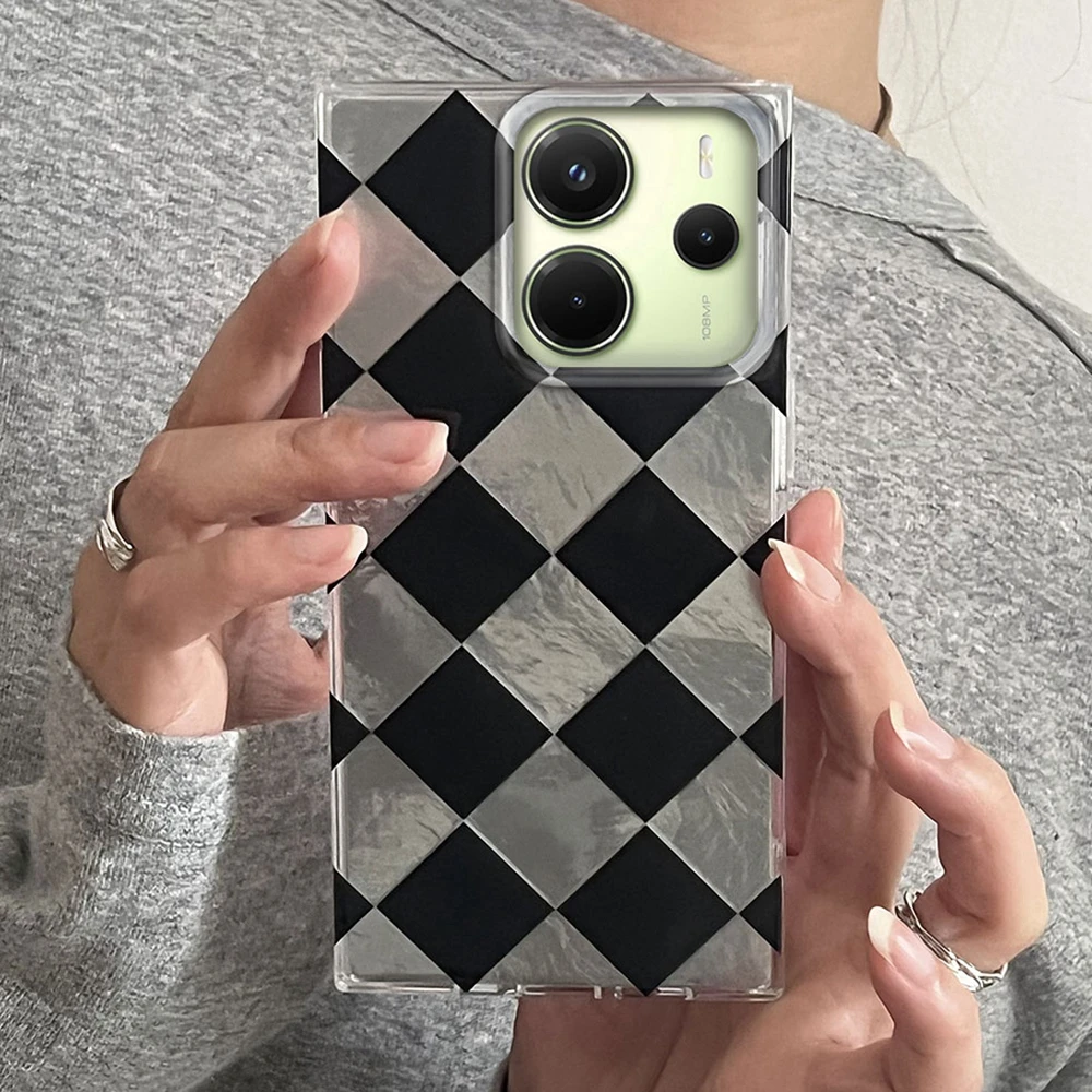  ﻿ Funda de teléfono con rejilla a cuadros negra para Xiaomi Redmi Note 14 13 12 11 11S 10 10S 9 Pro 15C 9C 13C 14C A3 A3X 9C A1 15 - imagen 2