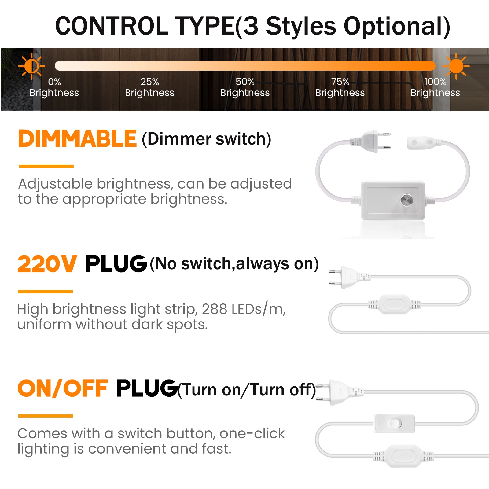 Cable de alimentación de CA 220V, enchufe europeo/enchufe británico con interruptor/regulador, enchufe de alimentación de CA para 288 LED/m, 220V, 3000K, 4000K, 6000K, tira de luz de neón COB - imagen 2