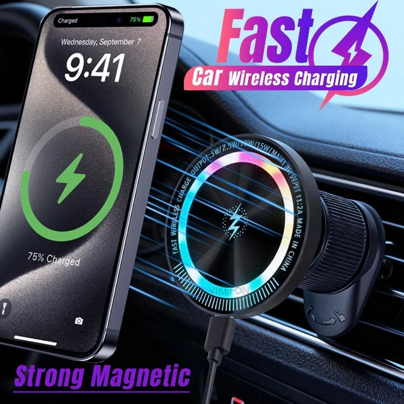 Cargador Inalámbrico Magnético 15W Luz RGB 360 ° Soporte de teléfono con rotación para Magsafe iPhone 17~12 Samsung Xiaomi carga rápida