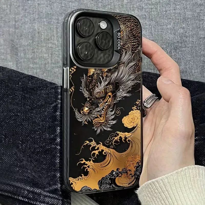 Funda para Samsung Galaxy A16 A15 A55 A54 A56 A36 A35 A05 S24 S23 S22 Ultra Plus S21 S25FE funda de teléfono con diseño de dragón dorado negro