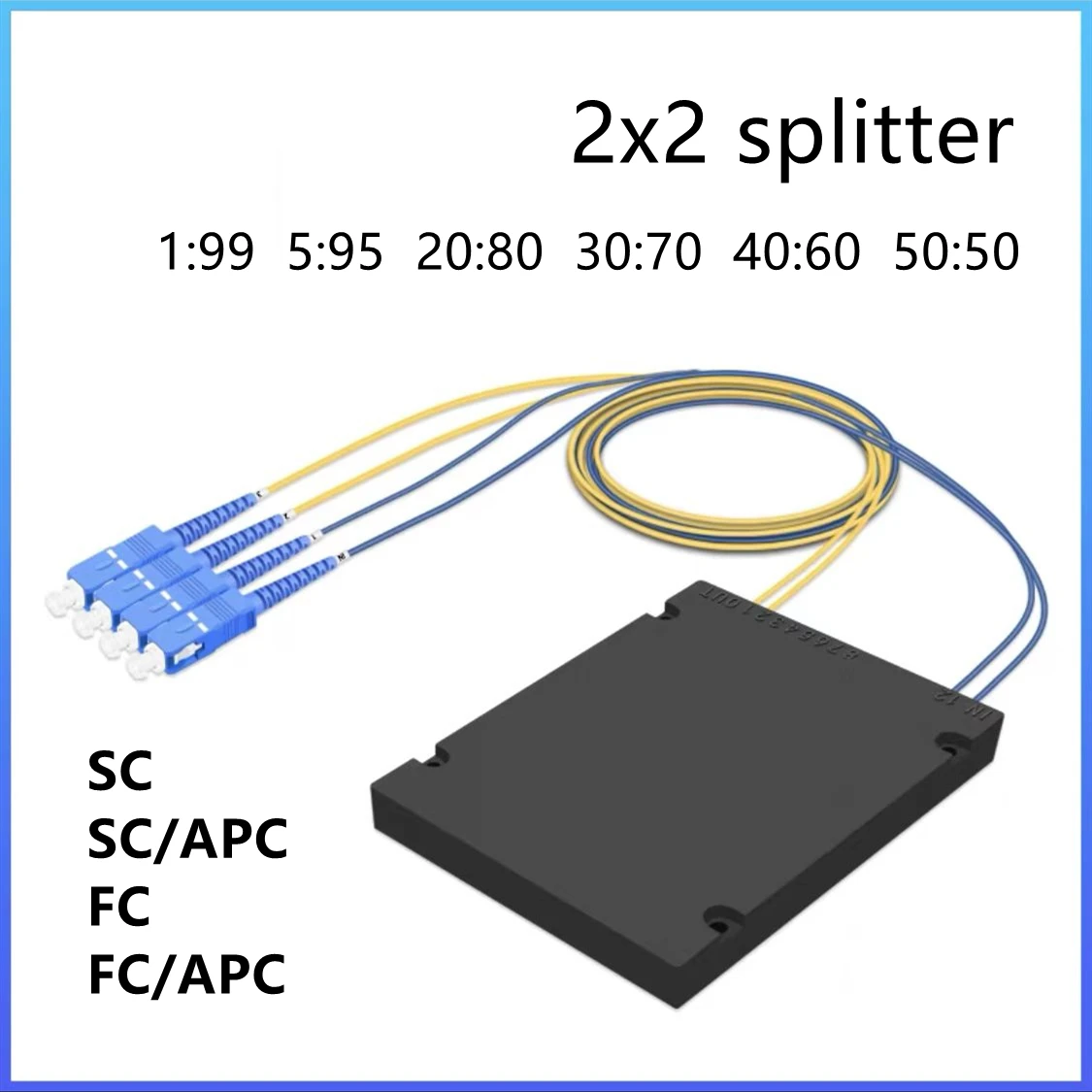 Divisor de fibra óptica, 2x2 FBT, relación 50/50, 40/60, 30/70, SC/APC, tipo caja ABS, doble ventana, 1310/1550nm, 1m, 3,0mm, 2 piezas