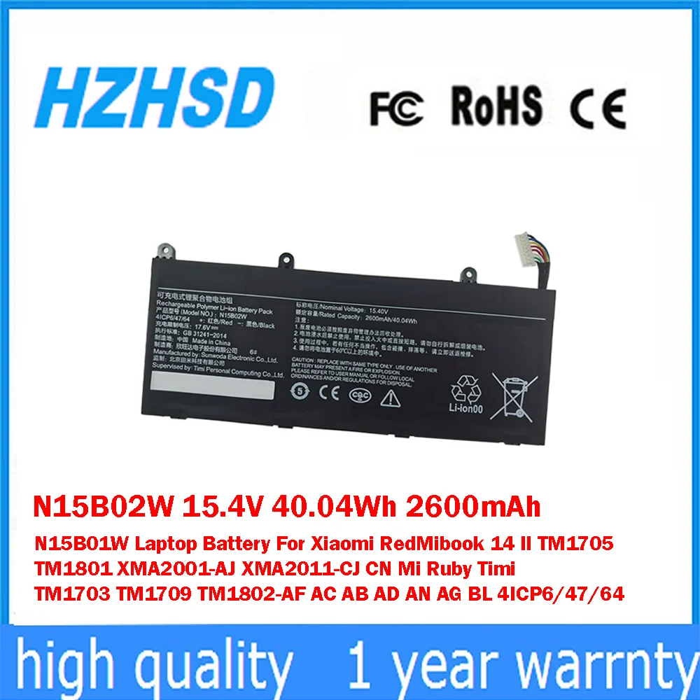 N15B02W 15,4 V 40.04Wh 2600mAh N15B01W batería del ordenador portátil para Xiaomi RedMibook 14 II TM1705 TM1801 XMA2001-AJ XMA2011-CJ CN Mi Ruby