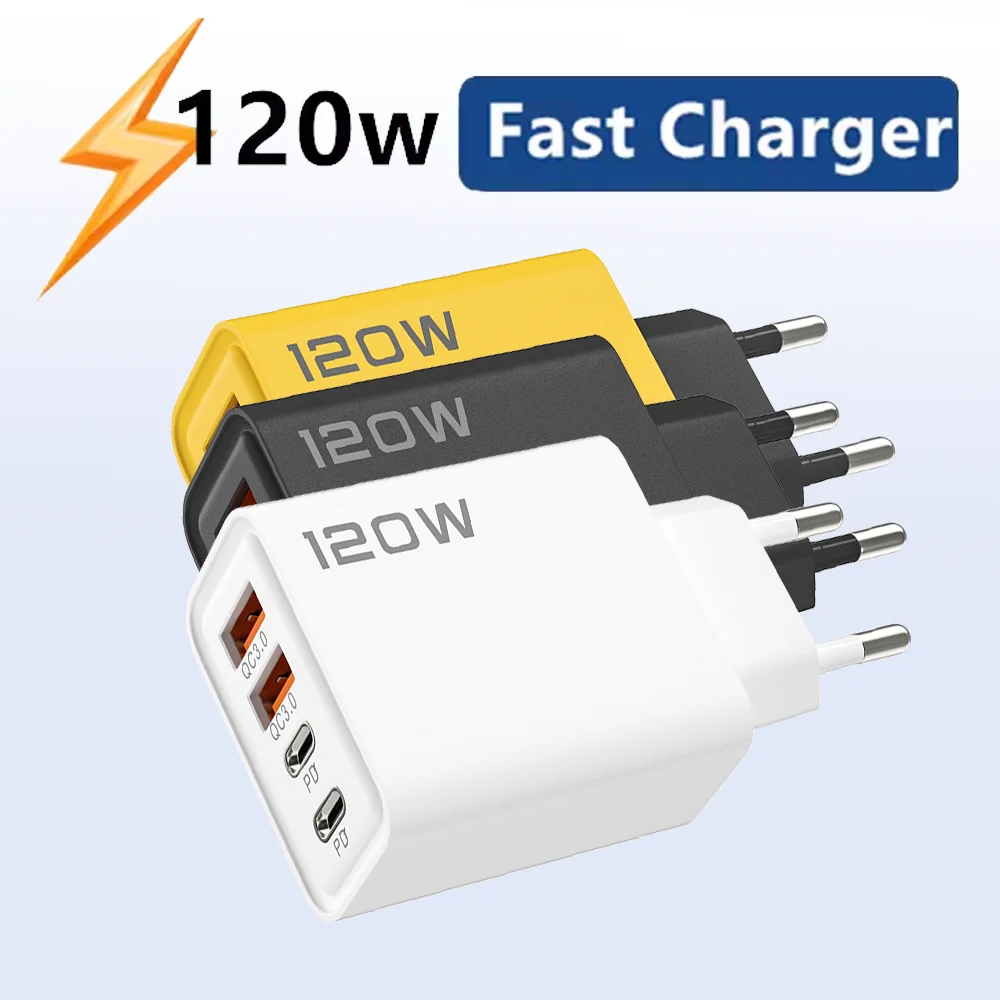 Cargador USB PD Total de 120W, adaptador de teléfono móvil tipo C de carga rápida para iPhone, Samsung, carga rápida 3,0, cargador de pared con enchufe UE/EE. UU.