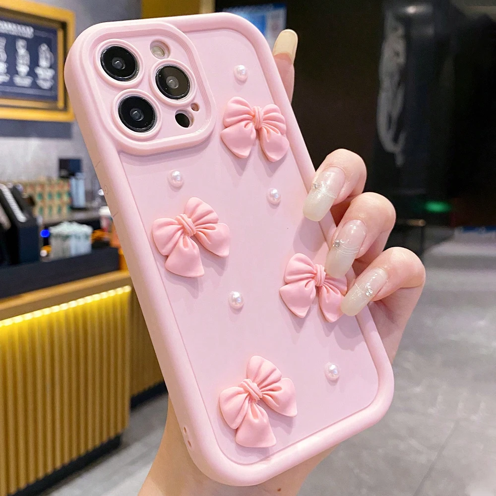 Funda de teléfono de silicona con lazo 3D coreano para iPhone 17 Air 16 Pro 15 14 13 12 11 Pro Max 16E 7 8 Plus, funda suave a prueba de golpes