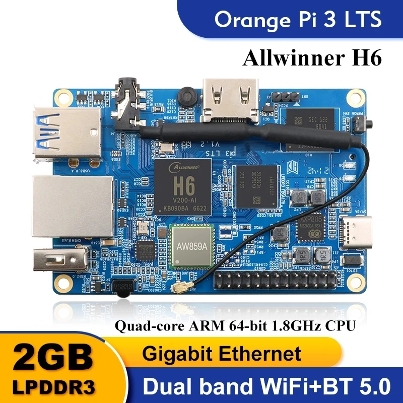 Orange Pi 3 LTS 2G8G EMMC con HDMI + WIFI + BT5.0, AllWinner H6 SoC, computadora de placa de código abierto, ejecutar Android 9,0/ Ubuntu/ Debian OS