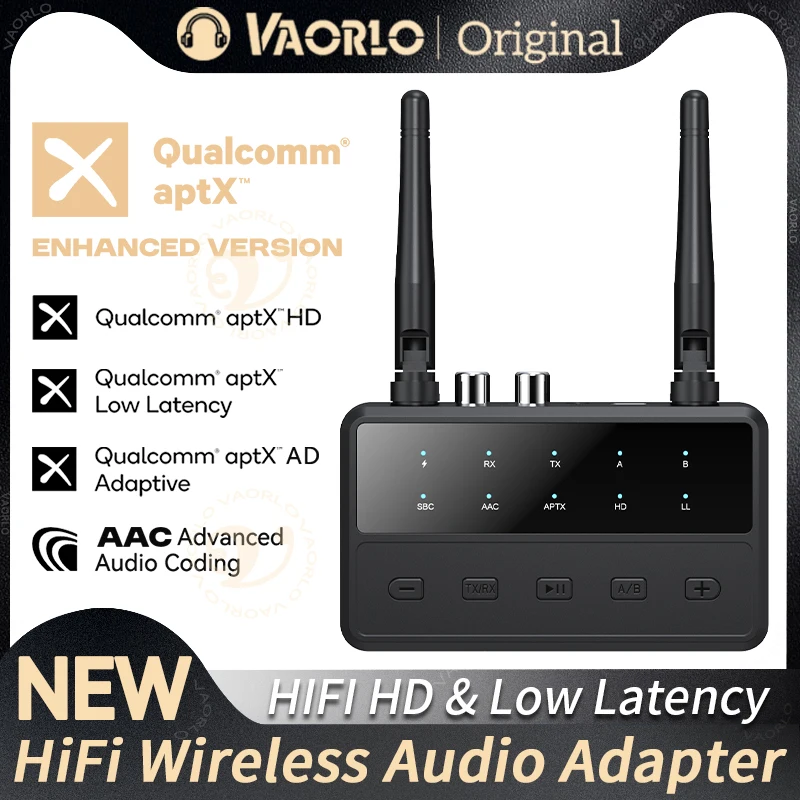 Transmisor y receptor de audio 2 en 1 aptX Bluetooth 5.4 de escritorio, adaptador inalámbrico multipunto de música estéreo HiFi con entrada AUX de 3,5 mm y RCA aptX adaptable AD/HD/LL AAC para TV, PC y coche.