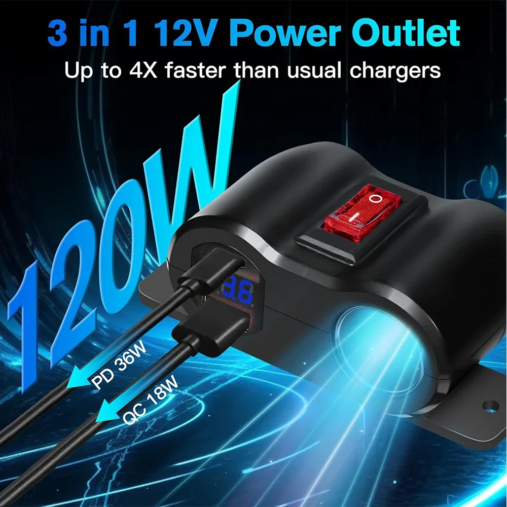 Cargador de coche 36W PD3.0 + 18W QC3.0 con interruptor de alimentación, salida USB de 12V, enchufe de encendedor de cigarrillos para coche, RV, motocicleta marina, camión, ATV - imagen 2