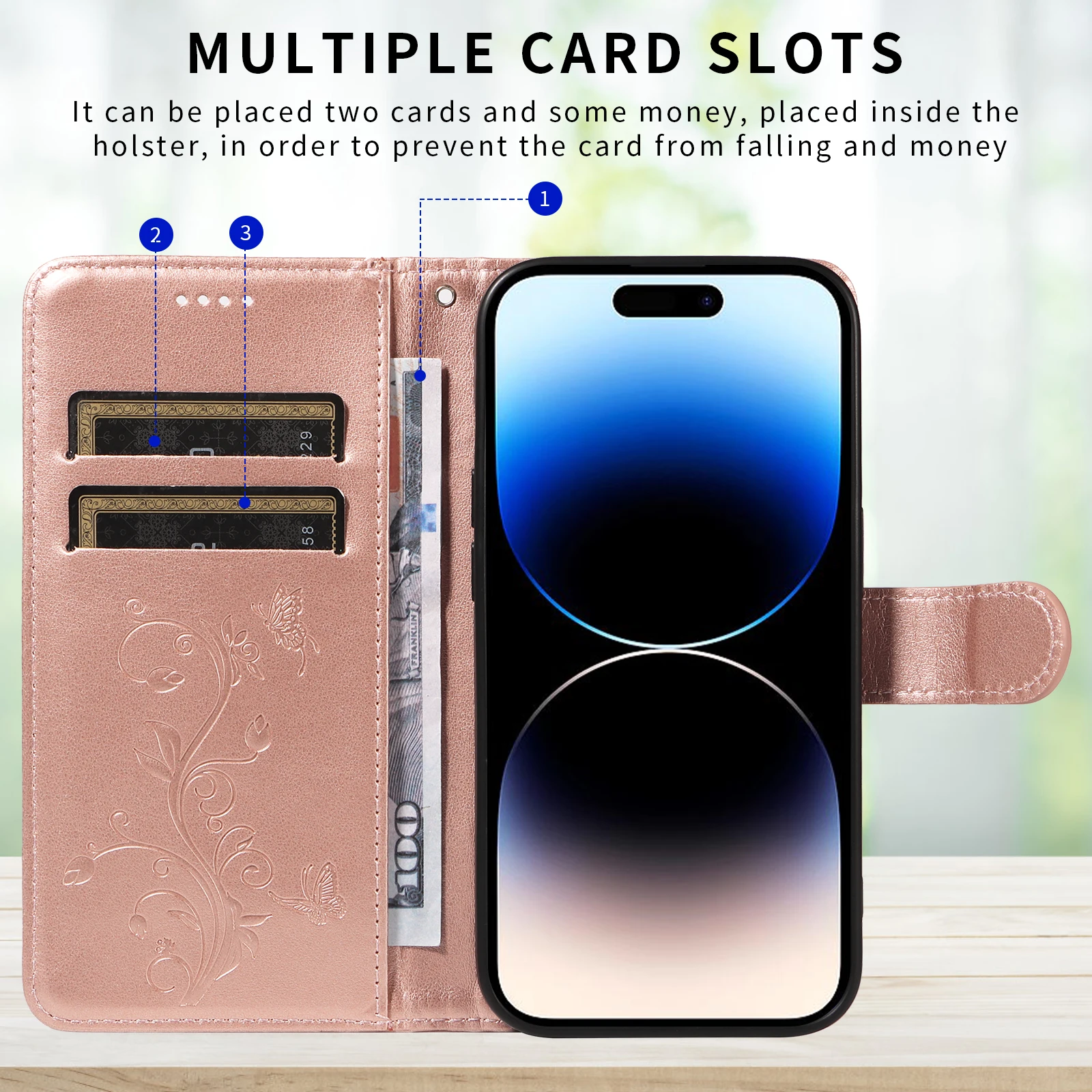 Funda de cuero con estampado de flores para iPhone, carcasa con tapa para tarjetas, 15 Pro Max, 14 Plus, 13, 12 Mini, 11, XR, X, XS, 6, 7, 8, SE, 2022 - imagen 3