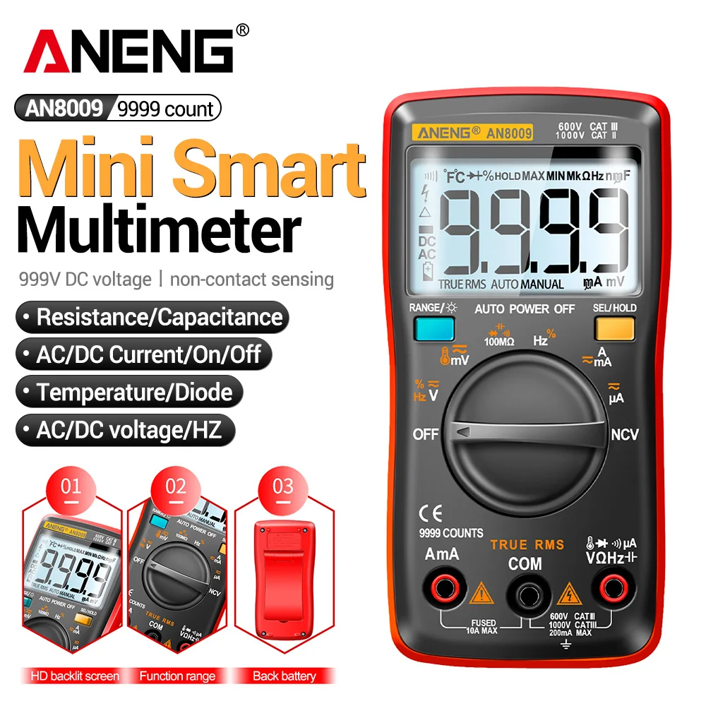 Mini multímetro Digital ANENG AN8009, probador de transistores de valores eficaces verdaderos, probador de condensadores automotrices de rango automático, herramienta de diodo de temperatura - imagen 2