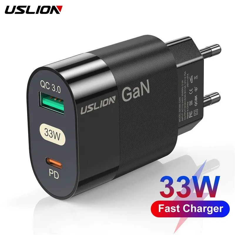 USLION-cargador USB tipo C para iPhone, dispositivo de carga rápida de 33W GaN PD, QC 3,0, 3,0, para iPad Air, 14, 13, 12 Pro Max