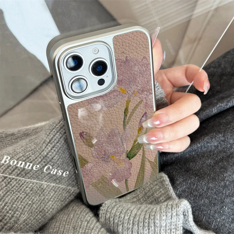 Funda de teléfono con textura de cuero de lirio púrpura Noble y elegante para iPhone11/12/13/14/15/16/17 Pro Max AIR PLUS - imagen 2