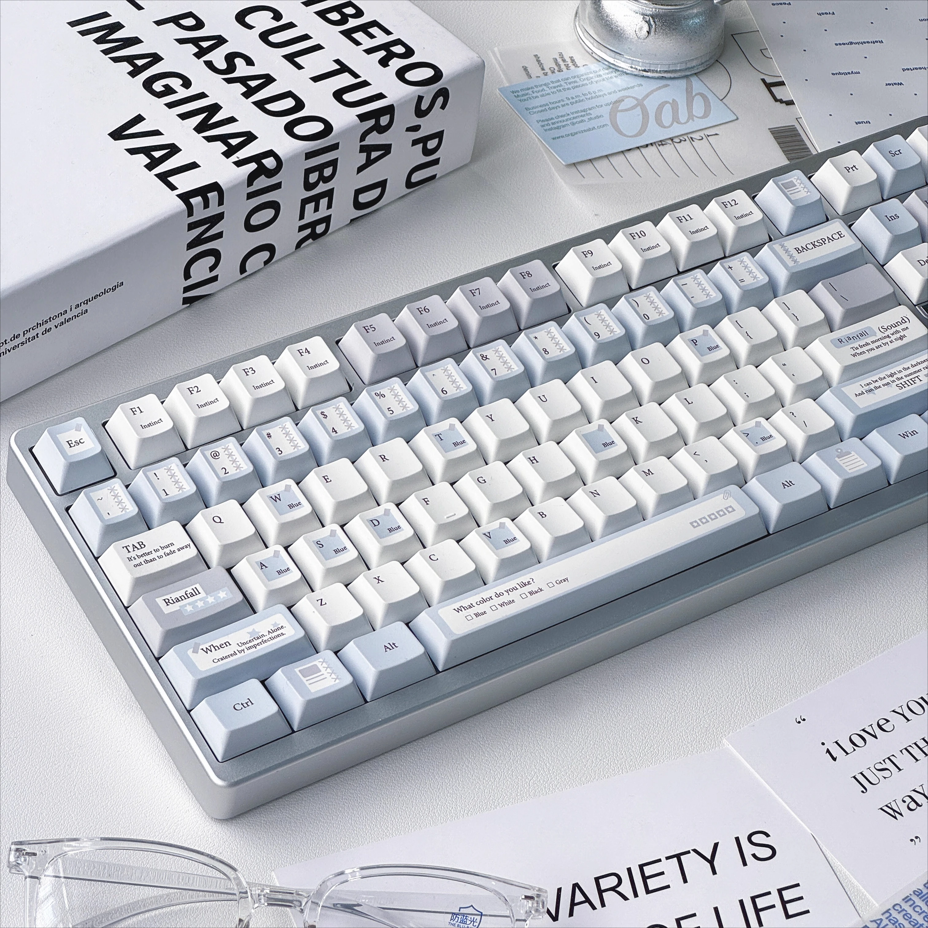 Juego de teclas con tema azul y gris Trace Simplicity, perfil de cereza PBT, teclas originales personalizadas hechas a mano para regalo de teclado mecánico - imagen 4