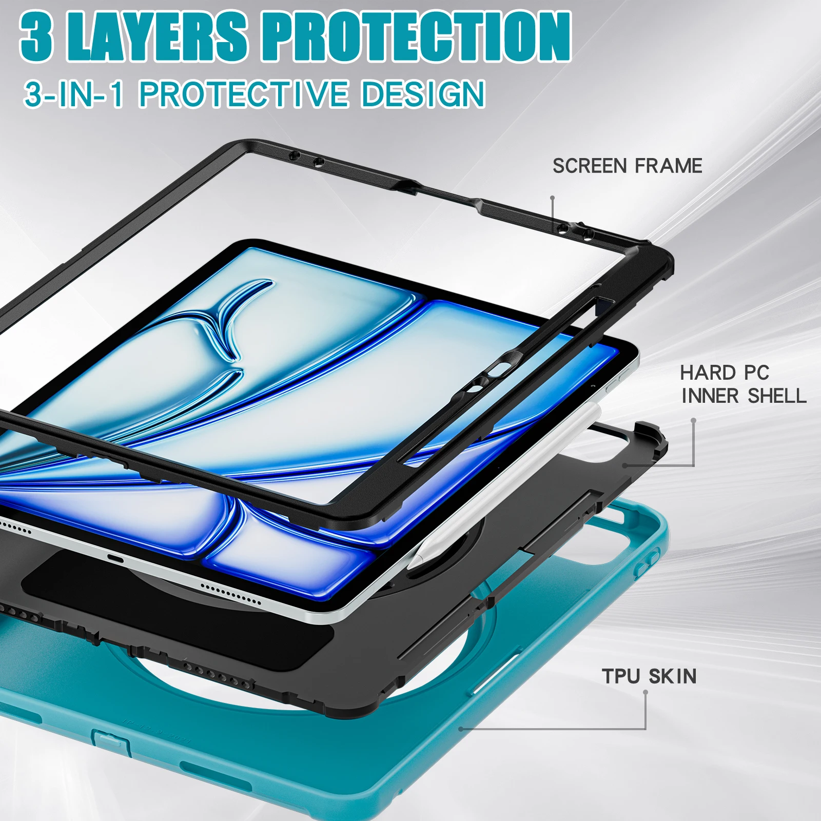 Funda para iPad Air 13 2025 M3 2024 M2 Pro 12,9 2018 2020 2021 2022 3.a 4a 5a 6a generación cubierta híbrida con mango giratorio 360 - imagen 2