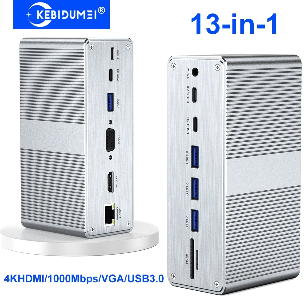 Estación de acoplamiento Vertical 13 en 1, estación de acoplamiento USB C 4K, Compatible con HDMI, adaptador Gigabit Ethernet, concentrador USB 3,0 para PC y portátil