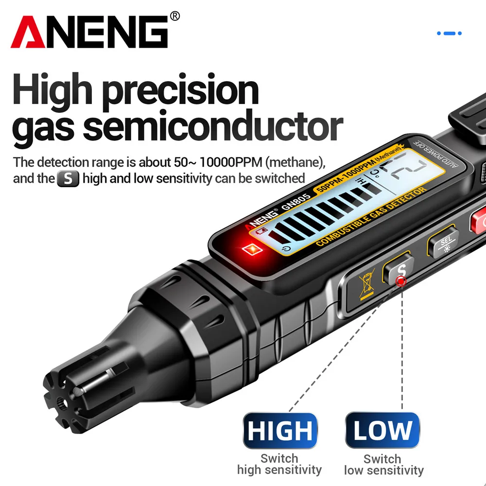 ANENG GN805 Detector de Gas Combustible analizador de Gas medidor de fuga de Gas 50 ~ 10000PPM alarma de sonido ambiental múltiple detectable - imagen 3