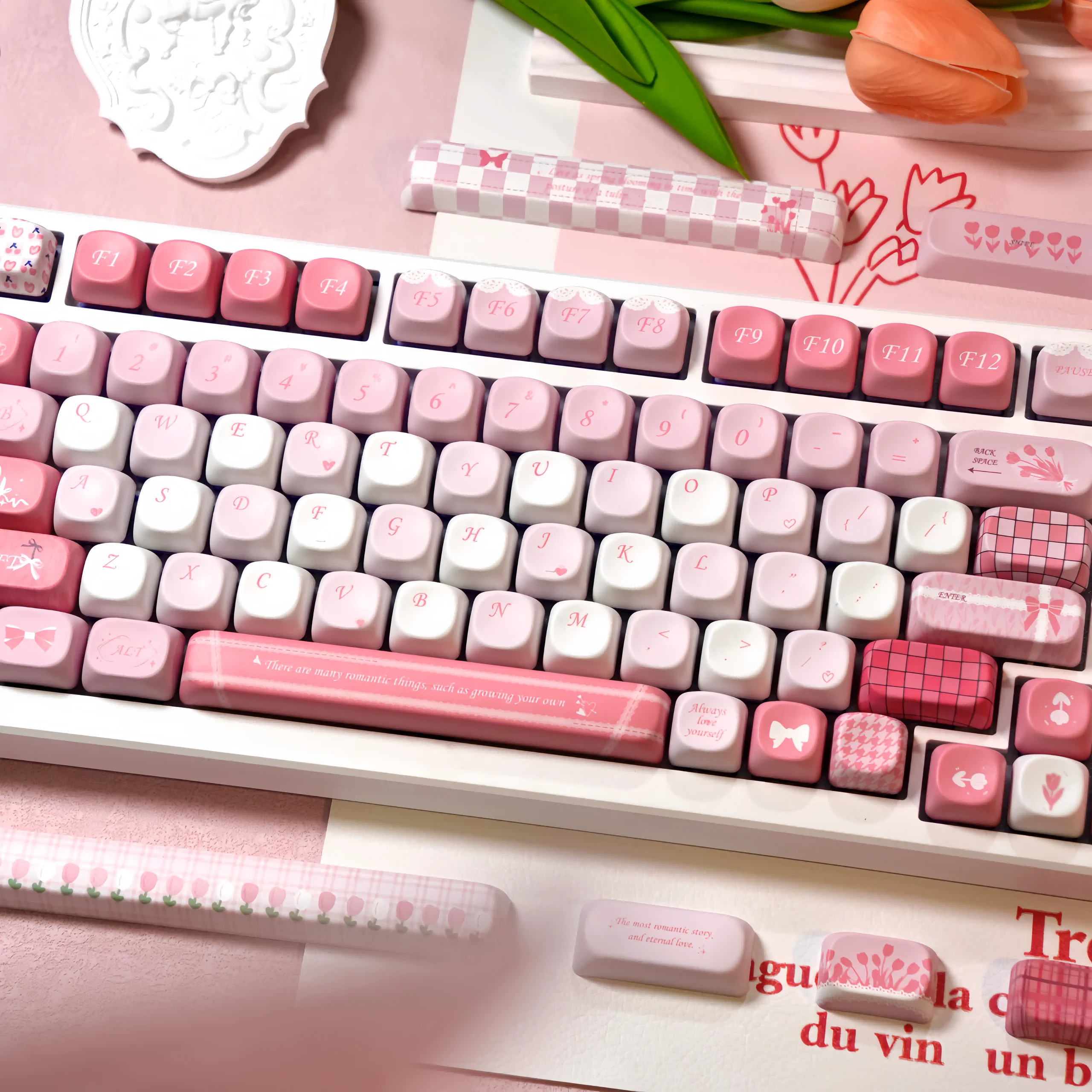 Juego de teclas de tulipán rosa, 140 teclas, perfil MOA, teclas de sublimación térmica PBT para teclado mecánico de eje transversal, tapa de tecla pequeña y fresca - imagen 3