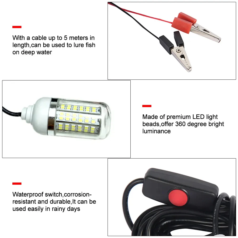 Luz LED de pesca de 12V, 100W, Ip68, señuelo, lámpara buscador de peces, 108 leds, 2835SMD, atrae gambas, calamar, Krill, 4 colores, luces subacuáticas - imagen 4