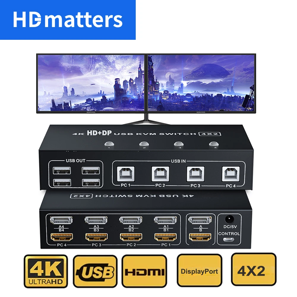 Conmutador KVM HDMI de Monitor Dual, conmutador KVM USB HDMI 4X2/2X2 o HDMI + puerto de pantalla, conmutador KVM USB con pantalla Dual - imagen 2