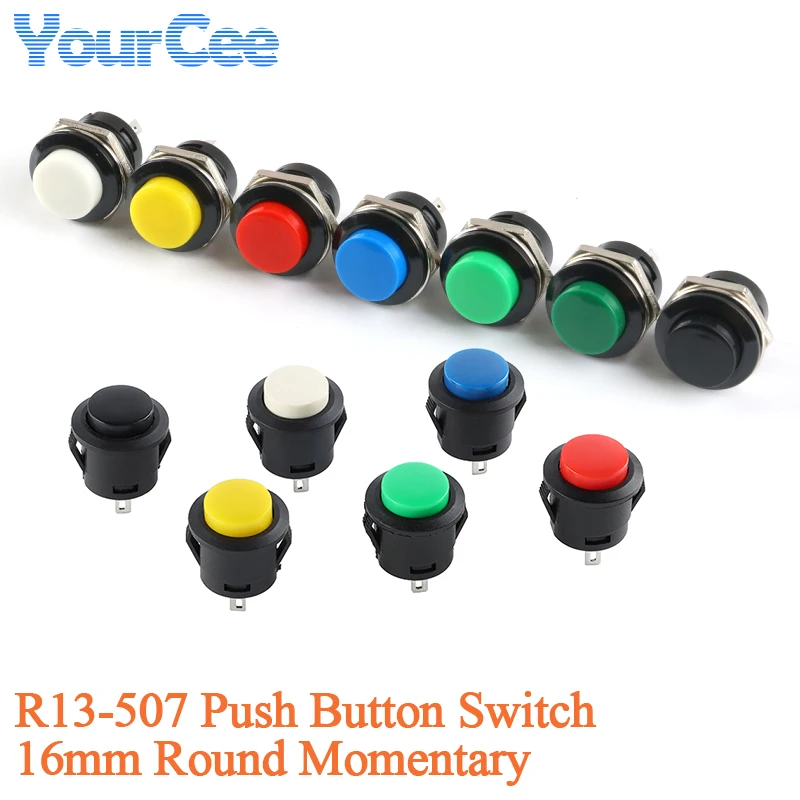 5 uds R13-507 interruptor de botón momentáneo 16mm interruptores de tapa redonda AC 6A/125V 3A/250V reinicio automático 7 colores negro rojo verde blanco