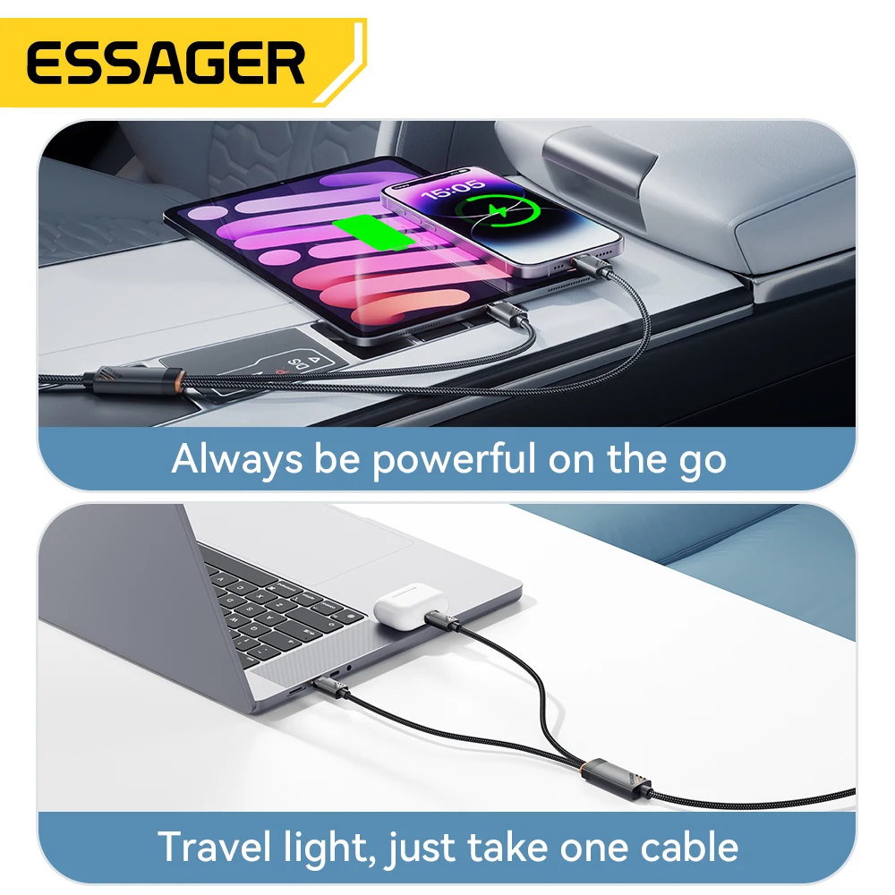 Essager 2 en 1 USB tipo C a tipo C Cable PD 100W Cable de carga rápida para iPhone16 Huawei Laptop Tablet tipo C a Cable de iluminación - imagen 5
