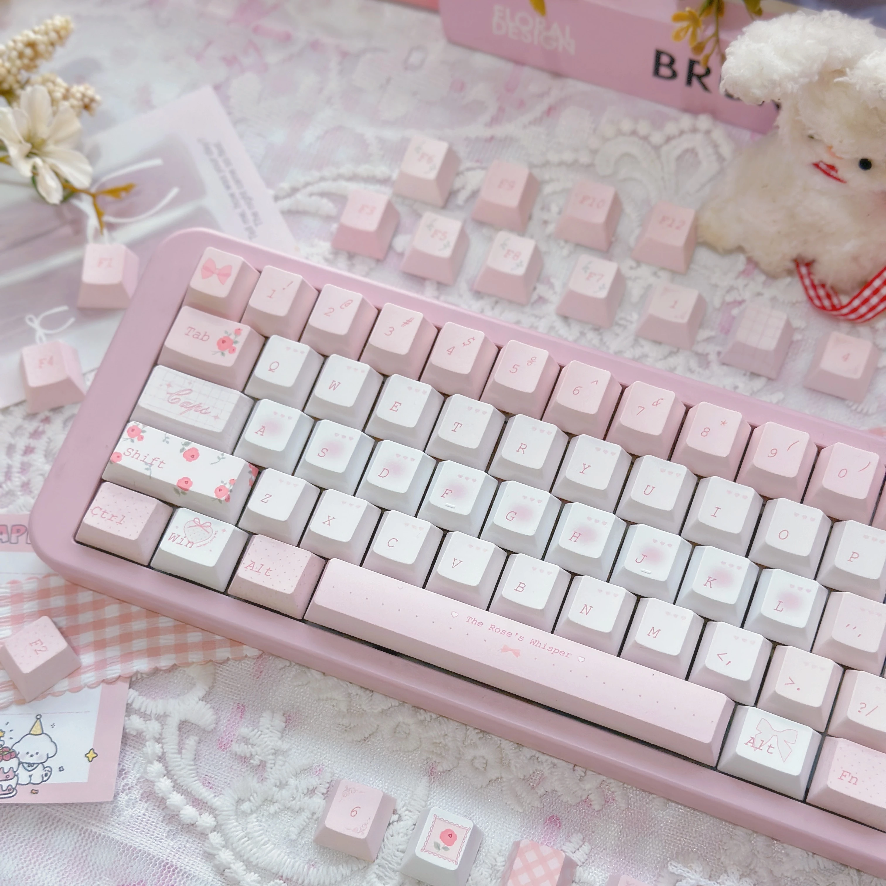 Rose Whisper-teclas rosas de sublimación de cinco caras Cherry Pbt, bonita personalidad adaptada a teclas de teclado mecánico Aula F75/F99 - imagen 3