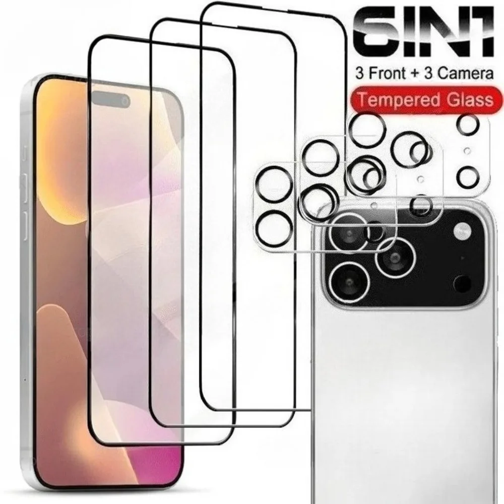 Vidrio templado de cubierta completa 6 en 1 para iPhone 17 16 15 14 Pro Max 16e Glass de lente de cámara de aire para iPhone 13 12 11 Pro 14 15 16 Plus