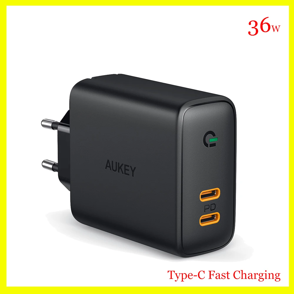 AUKEY-estación de carga rápida para teléfono inteligente y tableta, cargadores de pared PA-D2 de doble puerto, PD, enchufe europeo, 65W, USB-C