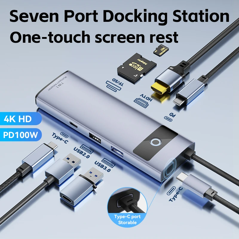 USB C 7-en-1 4K HD pantalla de un solo toque tipo C Hub a PD 100W adaptador para tarjeta SD TF HDMI Macbook Pro USB 3,0 accesorios para ordenador portátil