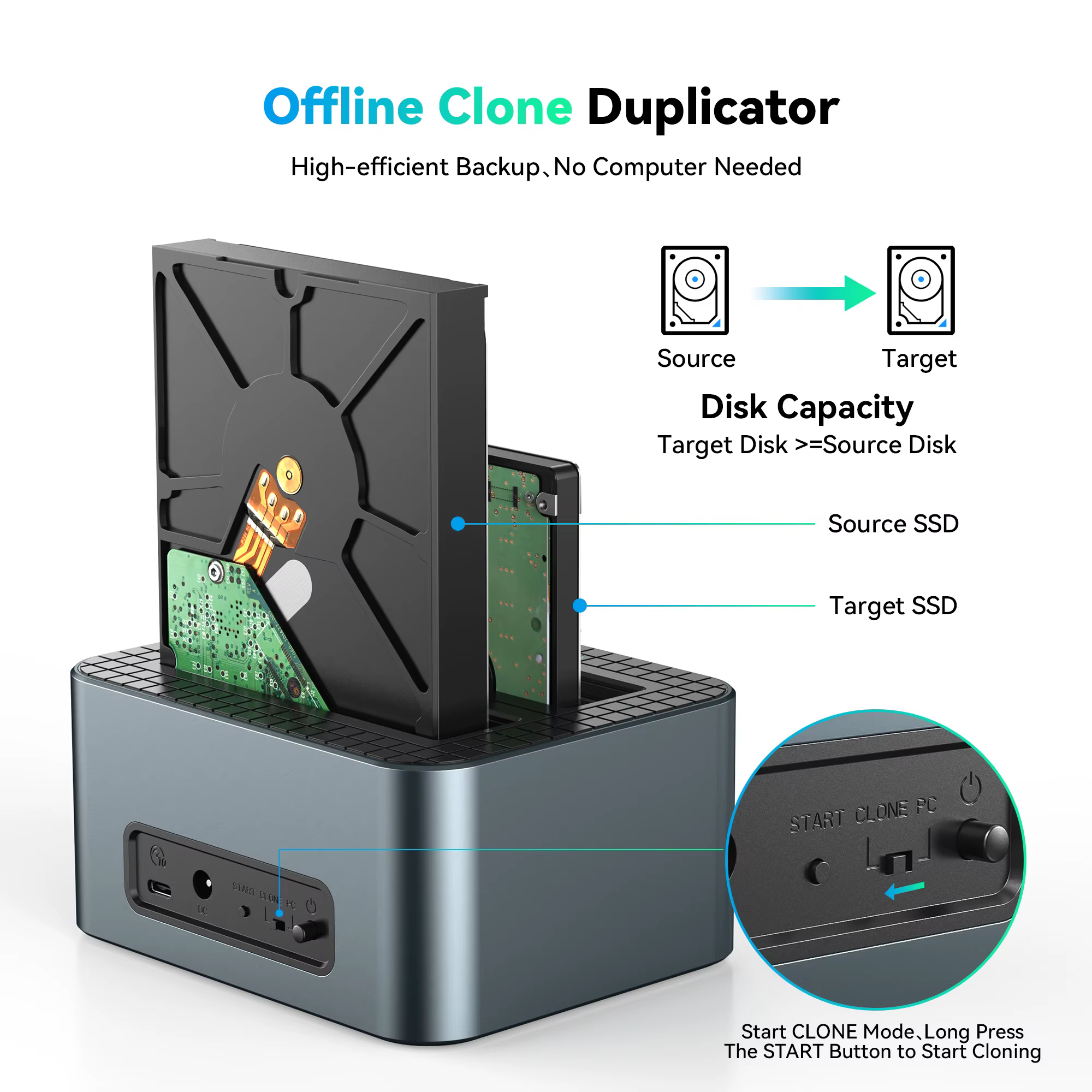 Yottamaster-estación de acoplamiento para disco duro USB 3,0, tipo C, doble bahía, SATA, HDD, estación de acoplamiento con clon sin conexión para HDD SSD de 2,5/3,5 pulgadas - imagen 3