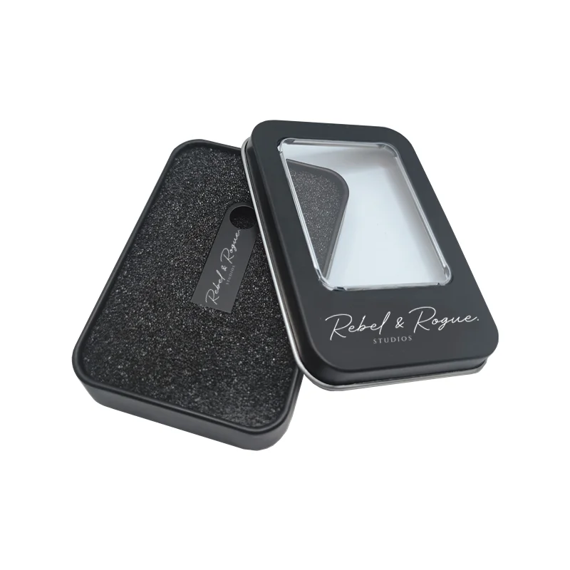 MINI unidad Flash USB 2,0 de Metal negro mate con logotipo de estudio personalizado, 16GB, 32GB, 64GB, 128GB, caja de Metal transparente, 50 unidades por lote - imagen 5